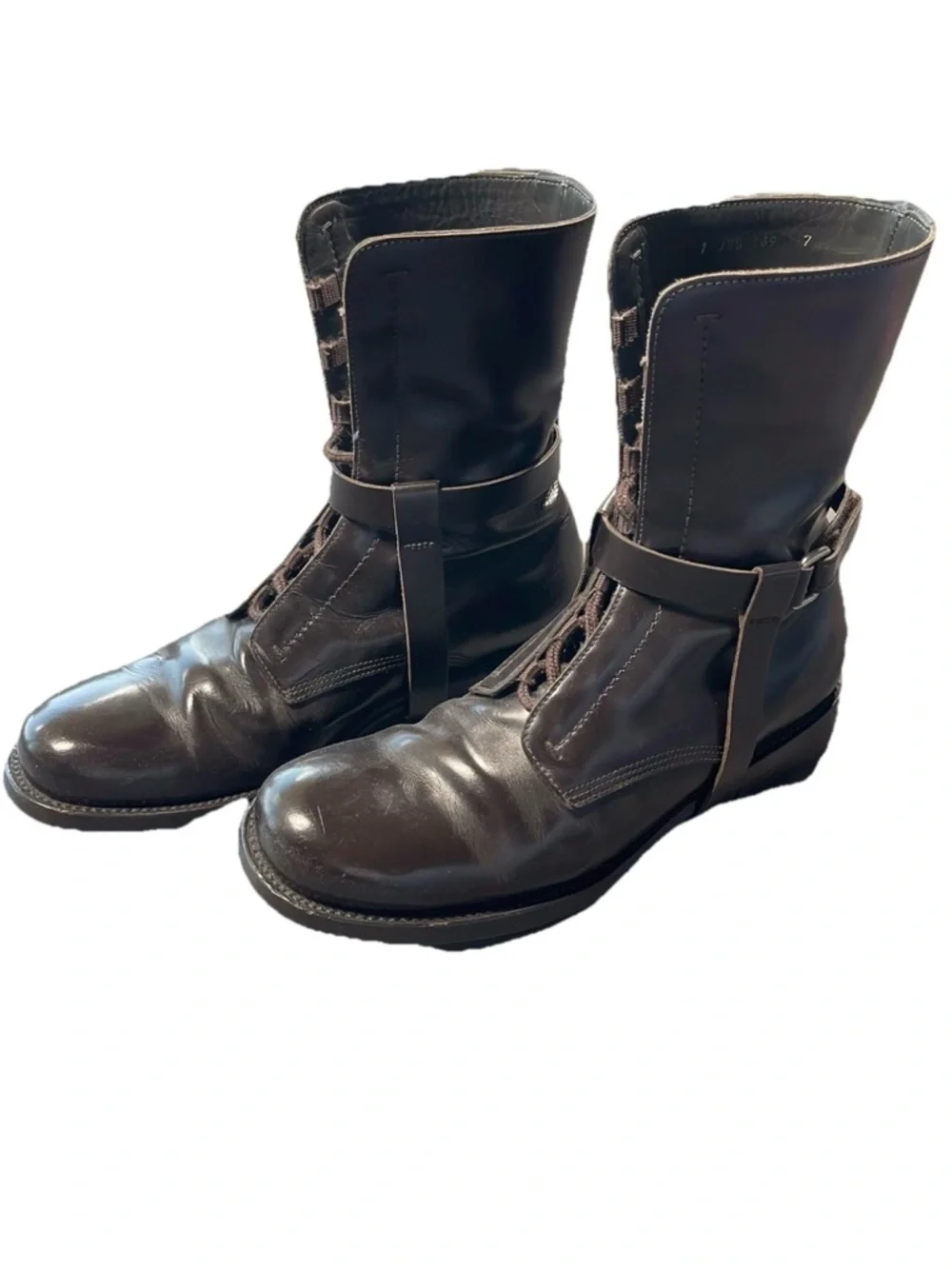JIL SANDER Mens Brown Smooth Leather Mid-Calf Lace Up Harness Belt Boots Size 7